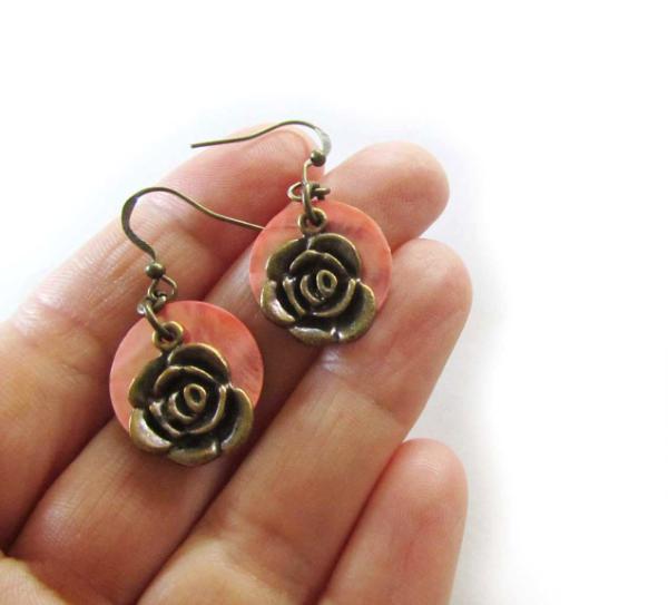 Pink shell brass rose earrings