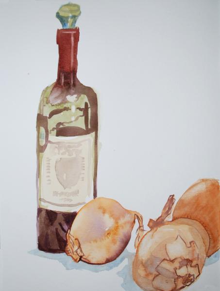 Wine Bottle and Onions