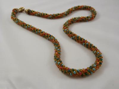 N-22 Dark Green, Pearly Turquoise, Copper, & Transparent Gold Russian Spiral Necklace