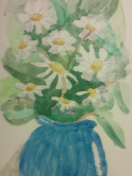 White Daisies in Blue Vase