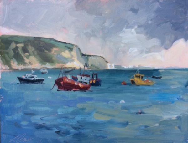 Old Harry Rocks, painted from Swanage.  10x8 ins, oils on panel.