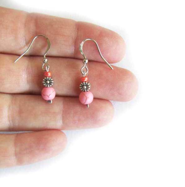 Pink Howlite silver flower earrings