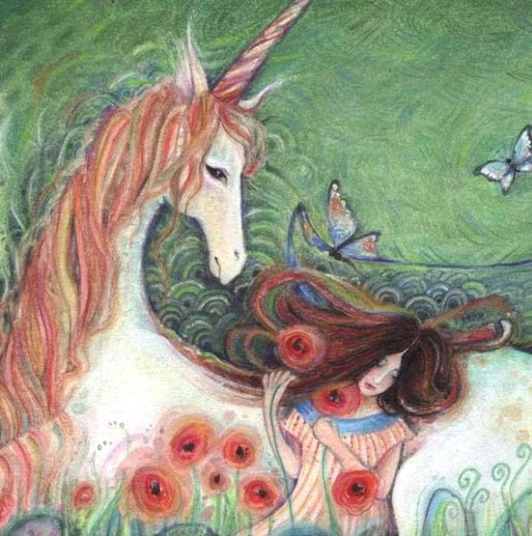 Unicorn with child art print from an original unicorn painting