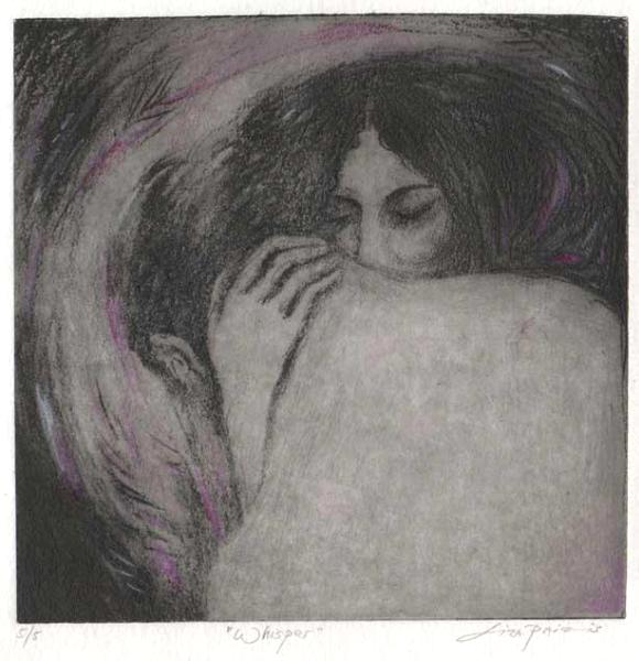 Whisper Romantic Etching of Lovers : Solar Plate and handcolored, Limited Edition