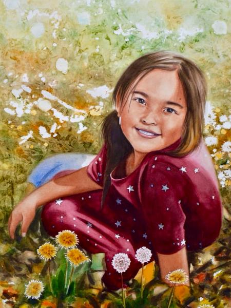 Custom watercolor portrait THE GIRL AND THE WILD FLOWERS, 35cm x 50cm, 2018