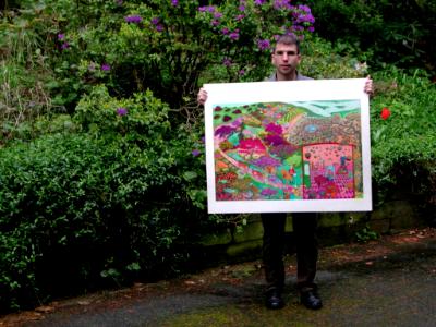 Holding "Plum Orchard" drawing