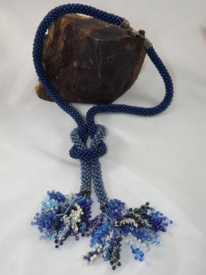 N-41 Capri Blue Crocheted Rope Tassel Necklace