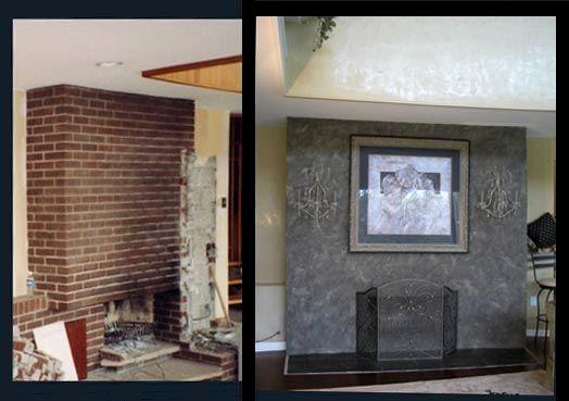 Old brick fireplace transformed into faux slate