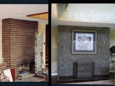 Old brick fireplace transformed into faux slate Old brick fireplace transformed into faux slate