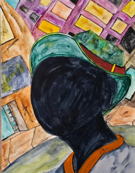 His shadowed self walks through an abandoned city 