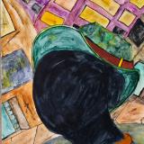 His shadowed self walks through an abandoned city 