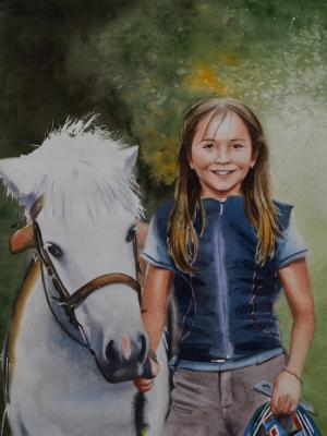 Custom watercolor portrait THE GIRL AND THE PONY, 35cm x 50cm, 2018