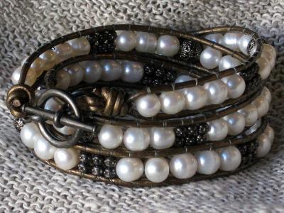Black and Pearl Triple Wrap Bracelet Black and Pearl Triple Wrap Bracelet