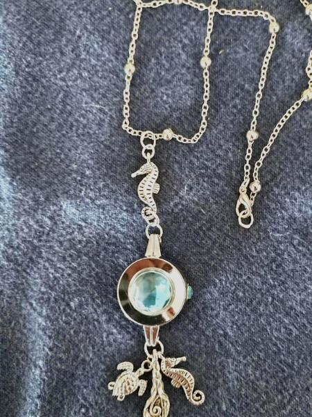 Aqua Pendant with Seahorse and friends, Repurposed woman's watch