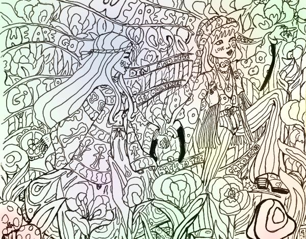 Peace and Love in the Garden, 14x17, ink on paper. 2021.