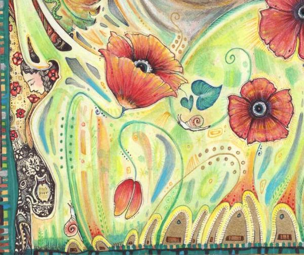 Poppy Cat Art Nouveau Original cat and flower painting by Liza Paizis