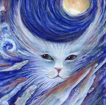 Cat's Dreamland art print from original watercolor cat painting by Liza Paizis