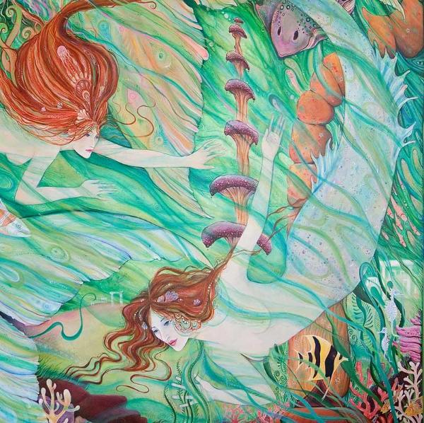 Mermaids in Atlantis fantasy art print from an original painting by Liza Paizis