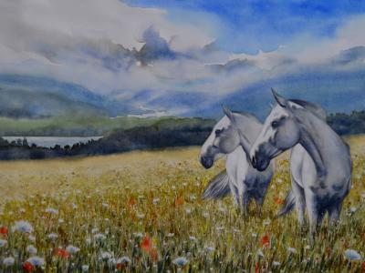 Horses of the HONEOYE LAKE, 76cm x 56cm, 2017