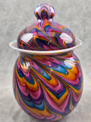 #07022607 Jar with lid Rainbow TieDie 9.25''HX5.5''W $300.00 #07022607 Jar with lid Rainbow TieDie 9.25''HX5.5''W $300.00