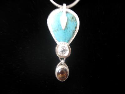 14-012 Sterling/Turquoise/Quartz/Mexican Fire Opal Pendant