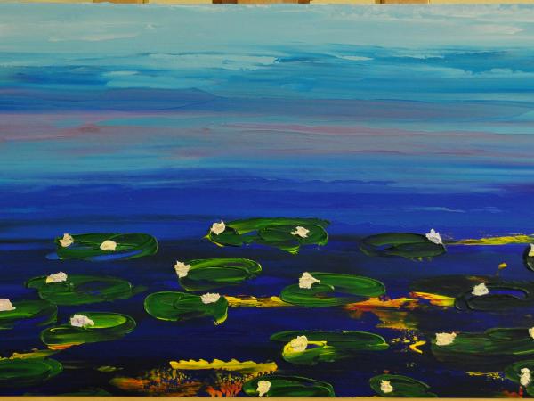 Water Lilies 15 X 30 Acrylic on Canvas board Embellished prints available 