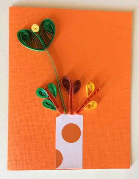 Orange vase with flowers handmade quilling greeting card.