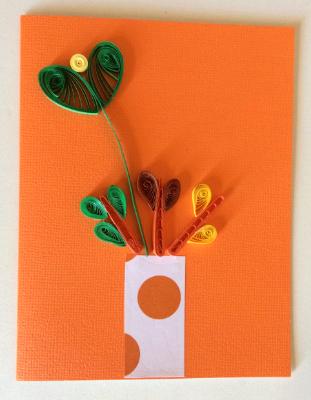 Orange vase with flowers handmade quilling greeting card.