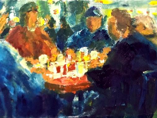 Bonnie’s Cafe group, 6”x8” oil 
