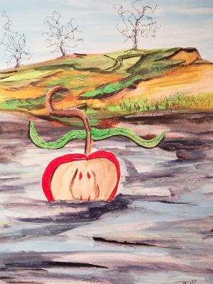 An Apple Head seeks tranquility beneath the waves. An Apple Head seeks tranquility beneath the waves.