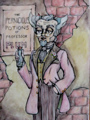 Professor Plum's Potions, ink and colored pencil on paper, 9x12. 2018. Professor Plum's Potions, ink and colored pencil on paper, 9x12. 2018.