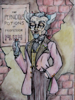 Professor Plum's Potions, ink and colored pencil on paper, 9x12. 2018.