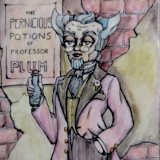 Professor Plum's Potions, ink and colored pencil on paper, 9x12. 2018.