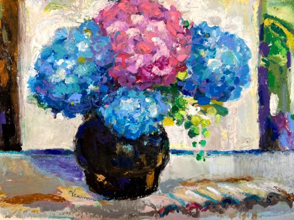 "Hydrangeas in Black Vase"