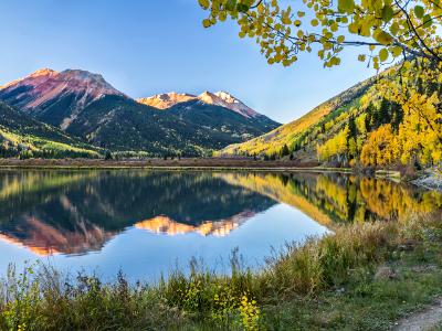 Red Mountains Autumn Sunrise on Crystal Lake Red Mountains Autumn Sunrise on Crystal Lake