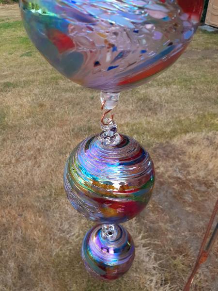 #08042521 three Hanging Ball Sculpture Iridised  Lg-6.25'' Med-5'' Sm-4''  22'' Long $180.00