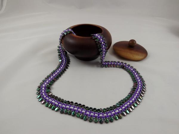 N-67 Iridescent Green Teardrop, Purple, & White Woven Necklace