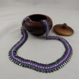 N-67 Iridescent Green Teardrop, Purple, & White Woven Necklace