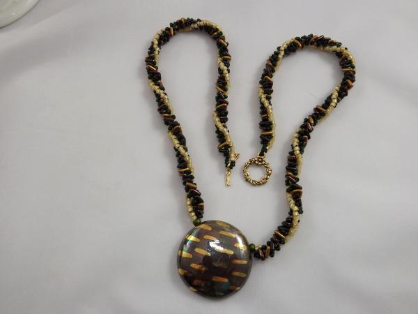 N-129 Dark Green & Gold Kazuri Focal Bead Necklace 