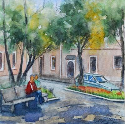 Watercolor plein air painting of San Marcos square, 30cm x 30cm, 2018