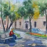 Watercolor plein air painting of San Marcos square, 30cm x 30cm, 2018