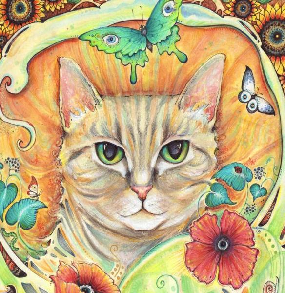 Poppy Cat Art Nouveau Original cat and flower painting by Liza Paizis