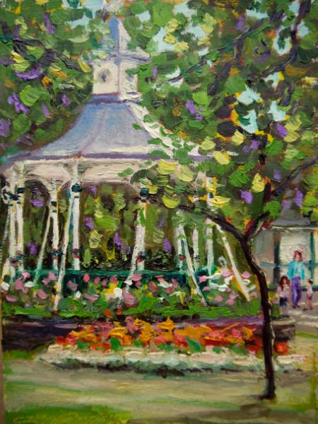 Bandstand and flowers, Swindon Old Town Gardens, 7x5 ins, Oils