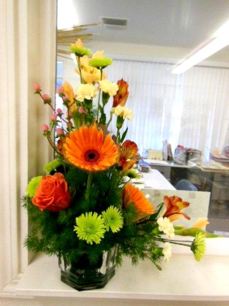 basket flower arrangements L shaped arrangement
