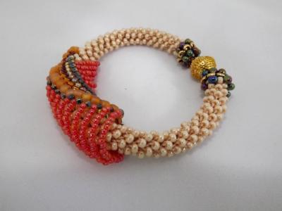 B-53 pearly ecru crocheted rope bracelet with beaded slide