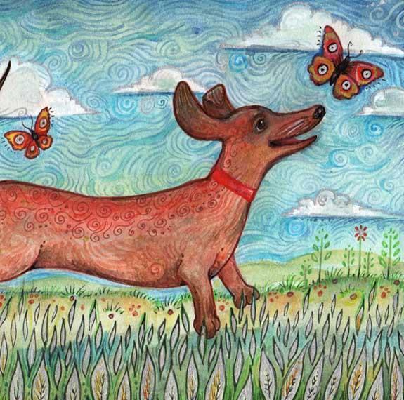 Dachshund with butterflies folk art naive dog print from an original painting