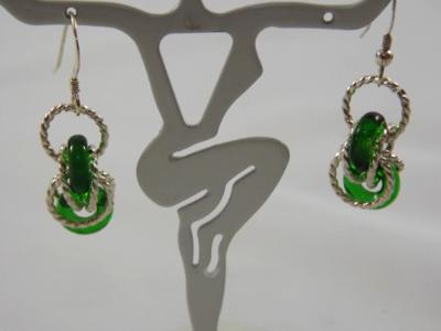 E-91 Green Glass Donut & Sterling Earrings