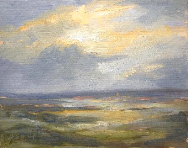 Sunset No. 1. Blunsdon Hill, 2015, 10x8 ins, oil on board.