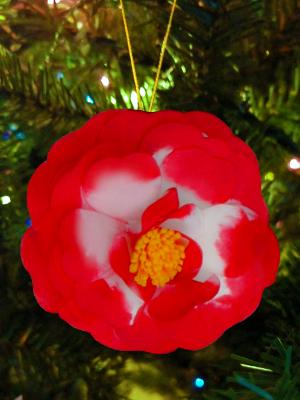Variegated Red Camellia Hanging Ornament Variegated Red Camellia Hanging Ornament