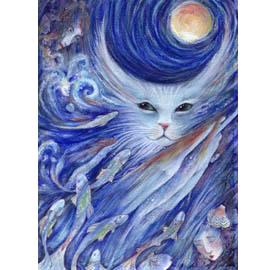 Cat's Dreamland art print from original watercolor cat painting by Liza Paizis